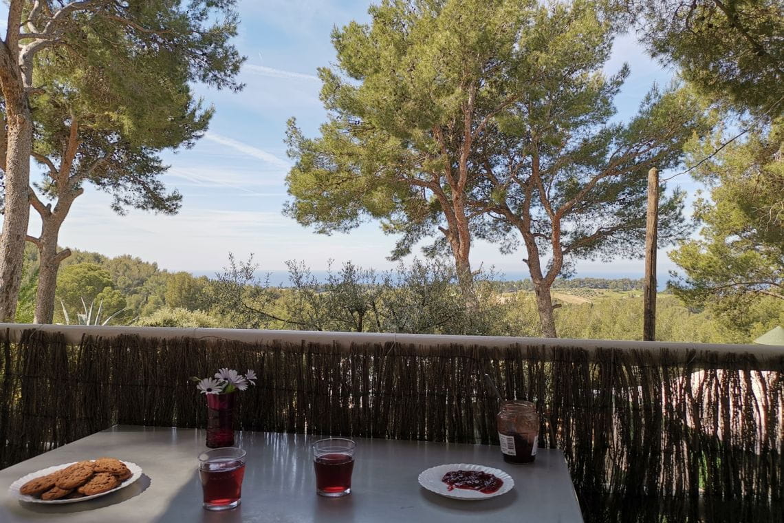 Terrasse du Chalet Le Brusc en camping 4 étoiles à Saint Cyr sur Mer